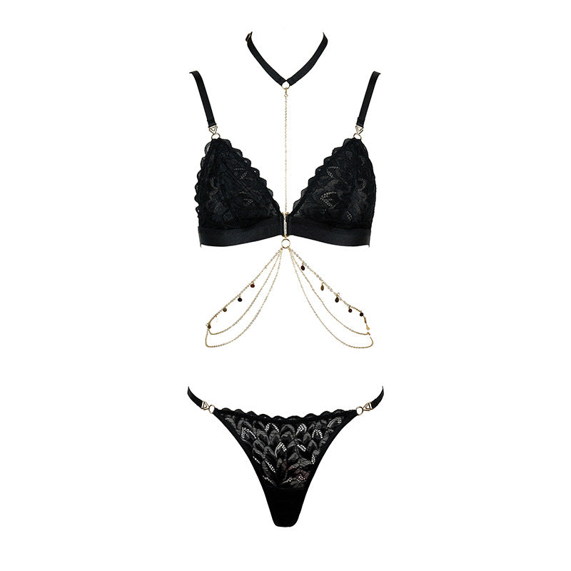 Freedombeauty | FQ2842 neck gold chain lace triangle cup bralette low waist thong French pure desire underwear set