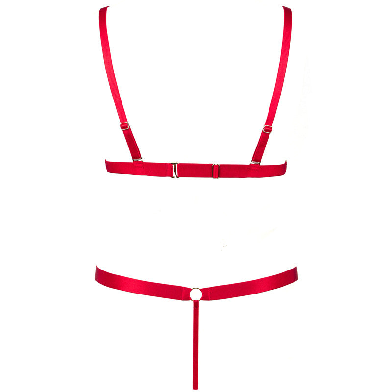 FREEDOMBEAUTY | FQ2787 neck diamond chain rose embroidery red French triangle cup hollowed out sexy low-rise T-pants women's cross-border