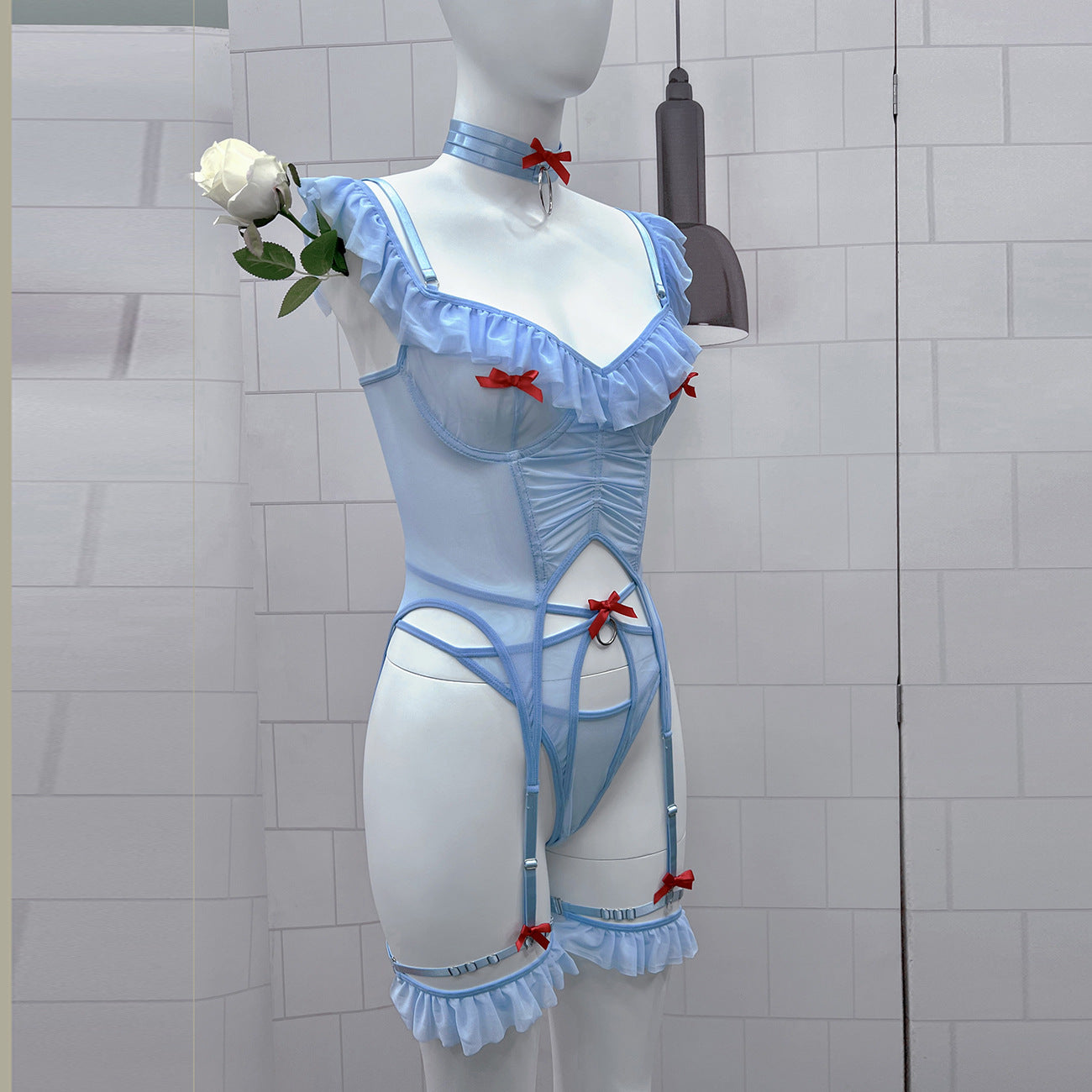 freedombeauty｜Mesh girl sexy splicing fish bone backless sexy suspender onesie women's lingerie