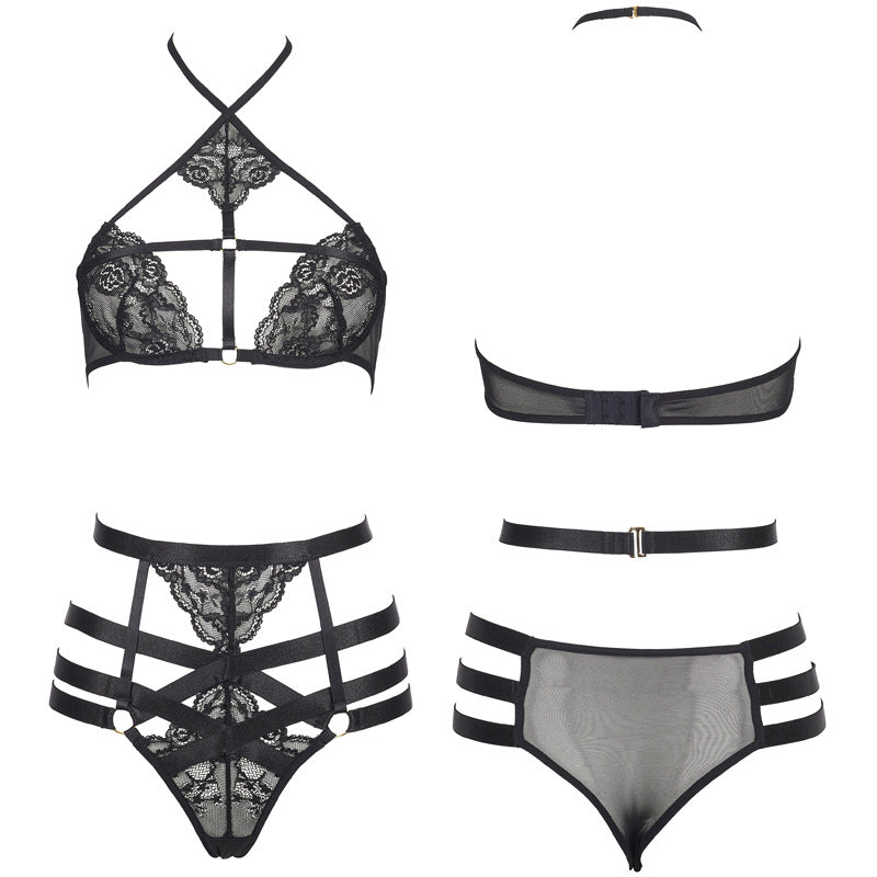 FREEDOMBEAUTY | FQ2727 Black lace neck light steel ring bra high waist multi-belt underwear women's sexy suit European and American cross-border