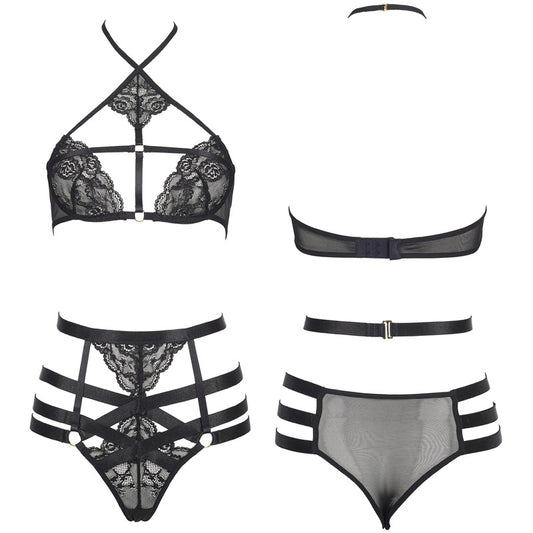 FREEDOMBEAUTY | FQ2727 Black lace neck light steel ring bra high waist multi-belt underwear women's sexy suit European and American cross-border
