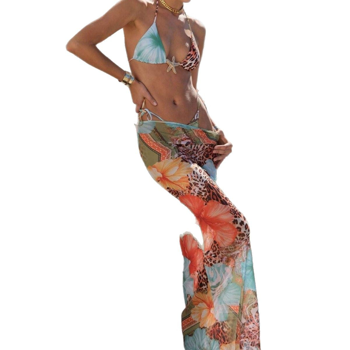 FREEDOMBEAUTY | 2025 Printed Triangle Cup Sexy Quick-Drying Blouse Long Dress Bikini Three-Piece Factory Swimsuit Women