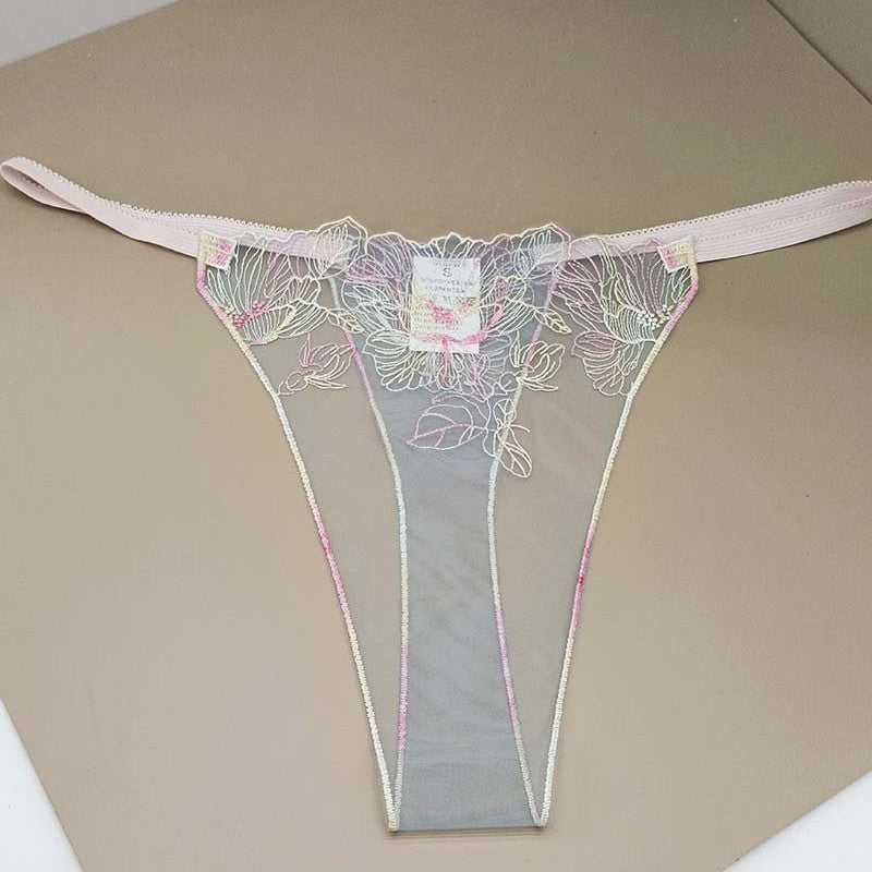 FREEDOMBEAUTY | Sexy breathable hollow women's sex thong transparent light mesh embroidery flower embroidery cross-border