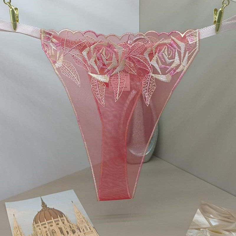 FREEDOMBEAUTY | Transparent red mesh embroidery hollowed-out sexy women's sex thong t-pants flower embroidery perspective panties cross-border