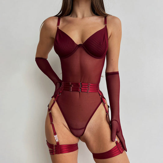 freedombeauty｜Wear mesh bodysuit belt garter buckle open gear hidden buckle belt gloves underwear kit onesie