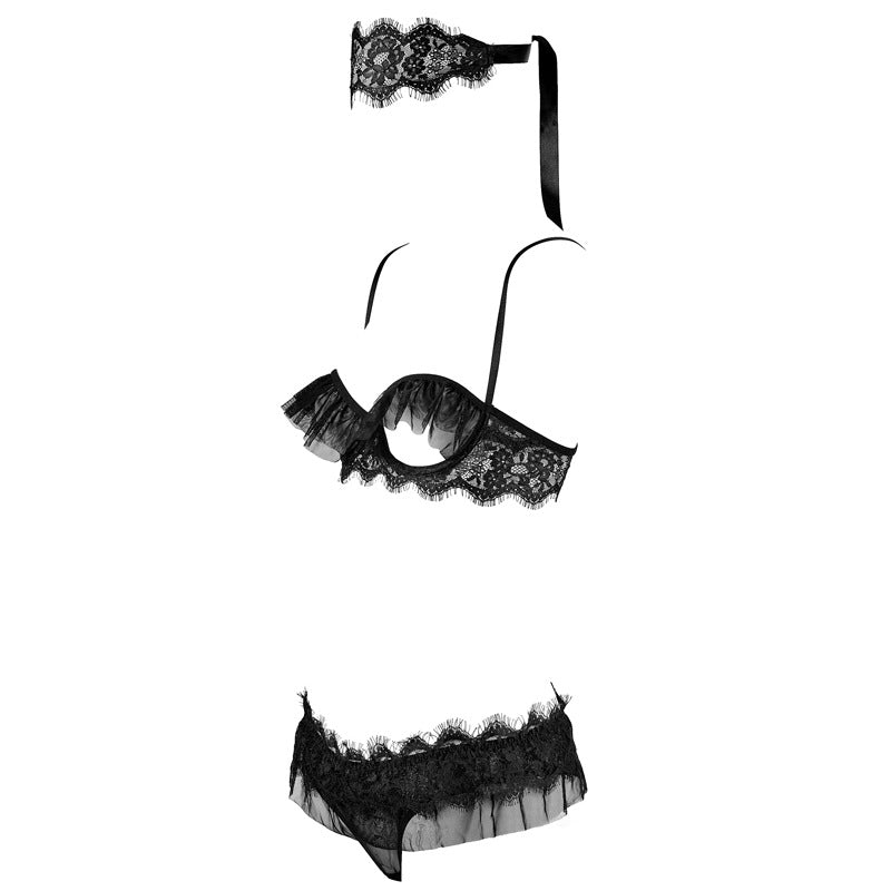 FREEDOMBEAUTY | FQ2676 Hollow bra ruffle edge sexy tulle with rim lace eye mask sexy underwear panty suit desire