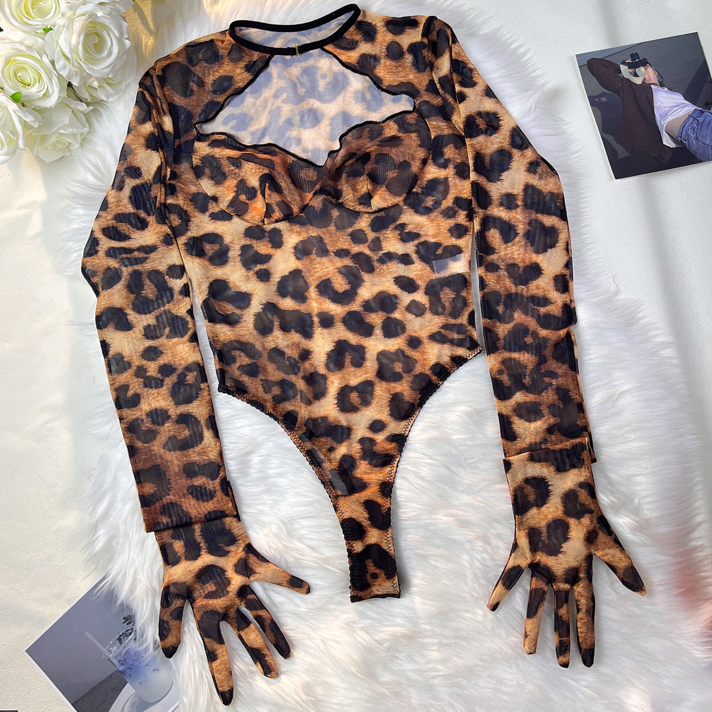 freedombeauty｜Fun leopard print bodysuit outerwear onesie with gloves onesie