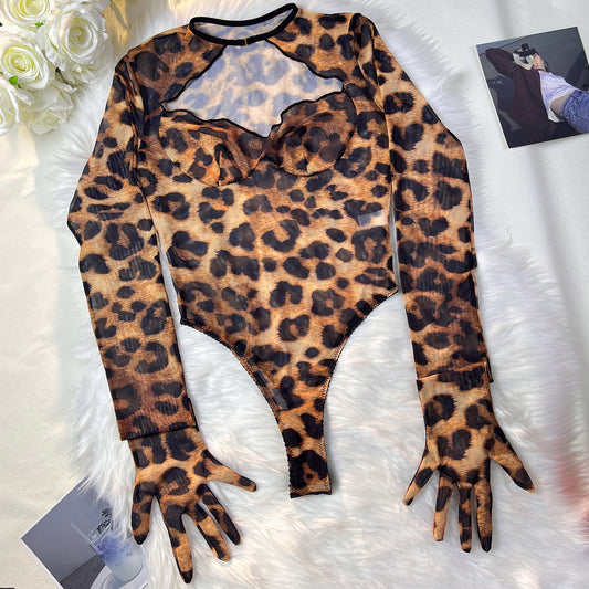 freedombeauty｜Fun leopard print bodysuit outerwear onesie with gloves onesie