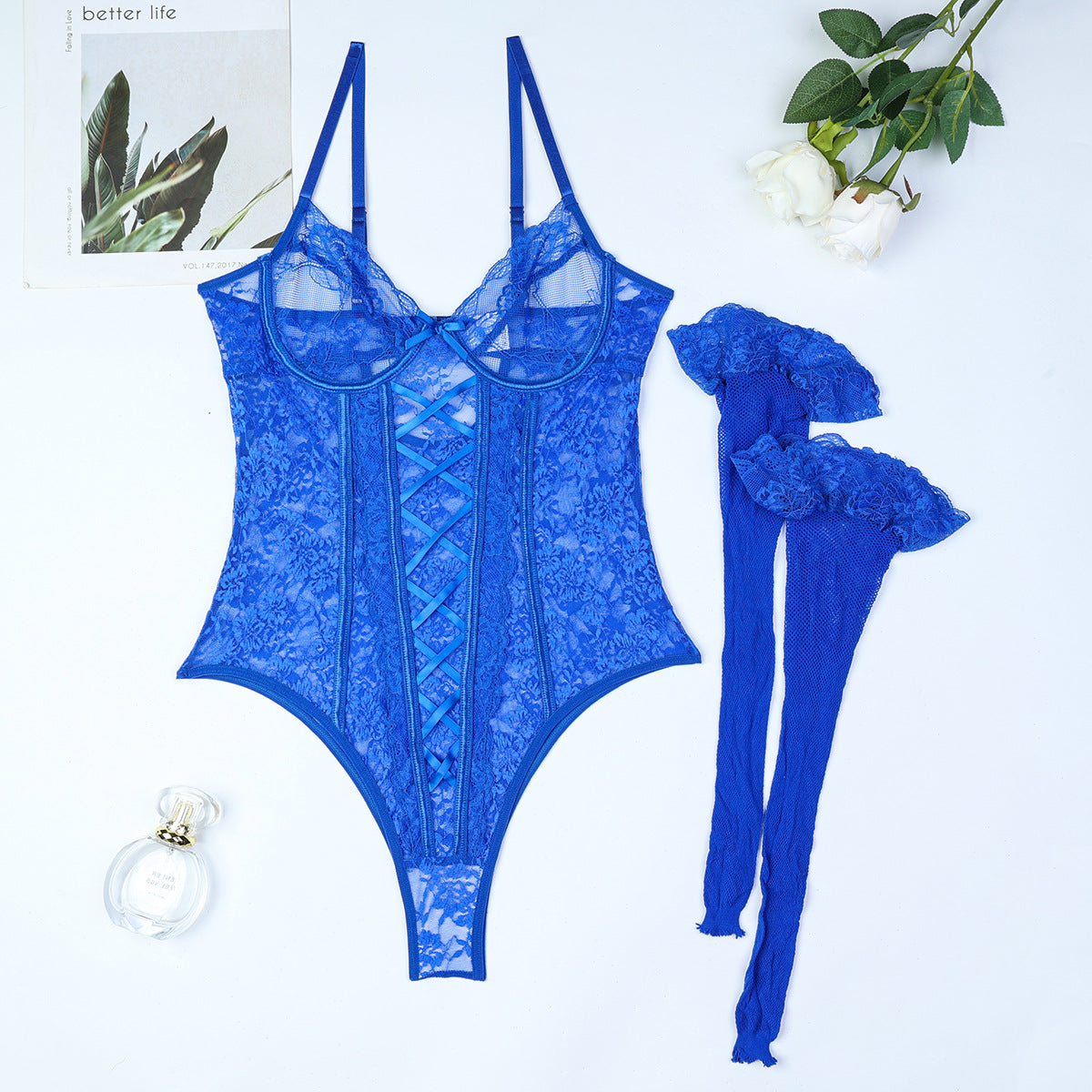 FREEDOMBEAUTY | Including socks European and American new enchantress blue midnight temptation complex cross lace splicing suspender onesie 3655