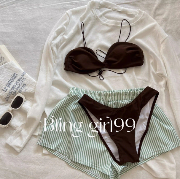FREEDOMBEAUTY | [Mint Chocolate] Fresh Island Vacation Vitality Girl Lazy Temperament Swimsuit Bikini Three-piece Summer