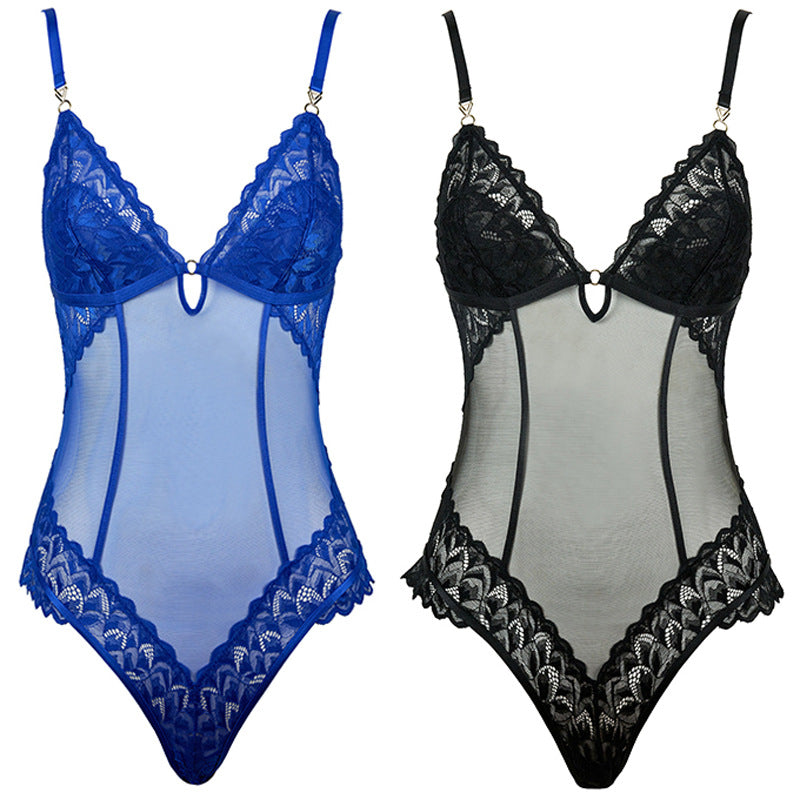 Freedombeauty | FQ2843 Glitter Mesh Lace Lightweight French Lingerie onesie Wave Bottom Open Button Cotton Sexy Ladies Black