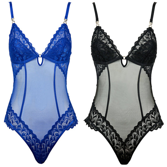 Freedombeauty | FQ2843 Glitter Mesh Lace Lightweight French Lingerie onesie Wave Bottom Open Button Cotton Sexy Ladies Black