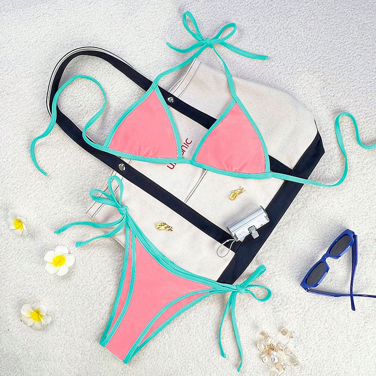 FREEDOMBEAUTY | Swimwear 2025 new European and American color matching lace-up split swimsuit women's beach hot spring swimwear wholesale