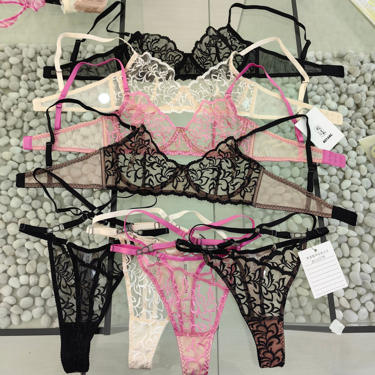 FREEDOMBEAUTY | Cross-border erotic underwear sexy straps transparent lace bra big chest small gathering bra set sexy bra