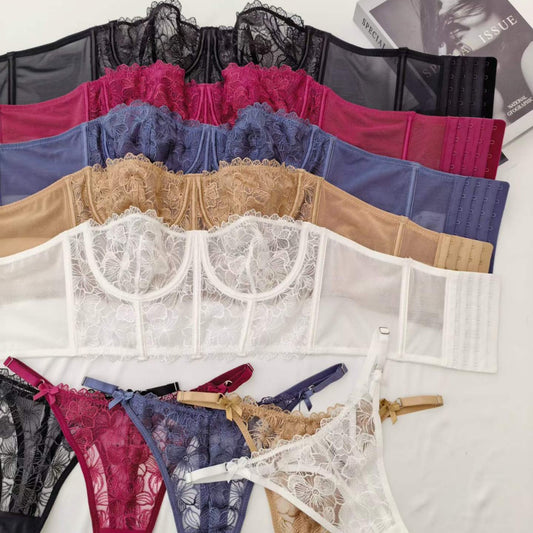 FREEDOMBEAUTY | Sexy lace embroidered ultra-thin French underwear with big breasts and small fishbone clothes, removable shoulder straps, gathering bra set