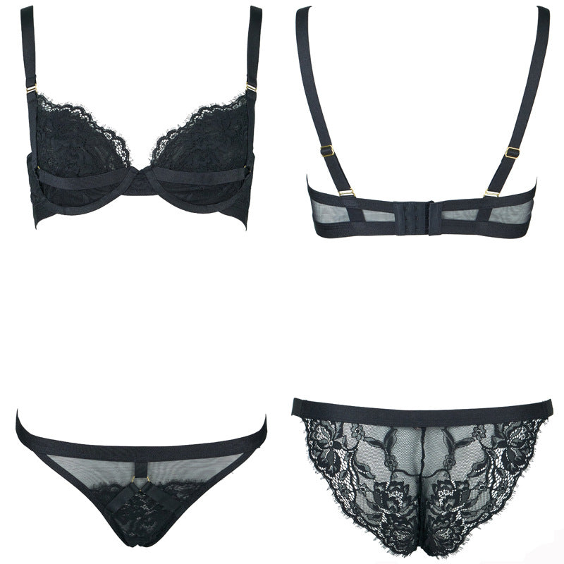 Freedombeauty | FQ2824 Lash Lace Elastic Memory Steel Rim Double Layer Micro-Collect Bra Set Garter Sparkle Mesh Black