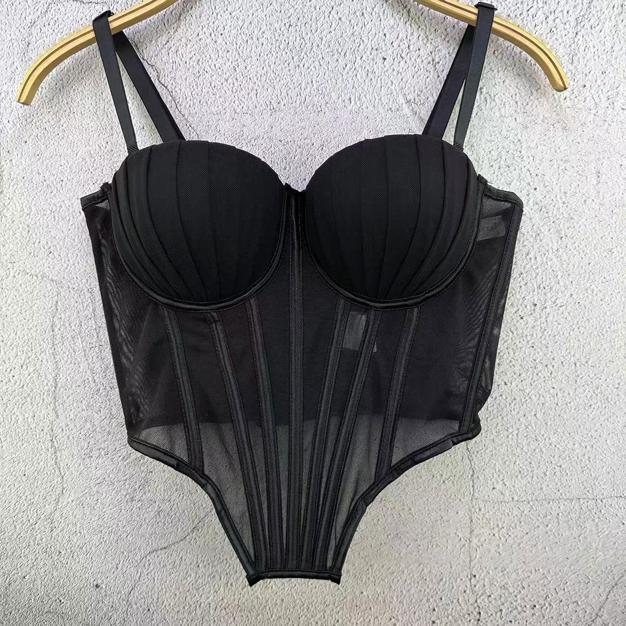 FREEDOMBEAUTY | European Station French Design Sense Mesh Lace Plastic Back Underwear Spice Girl Fishbone Tube Top Women's Thin