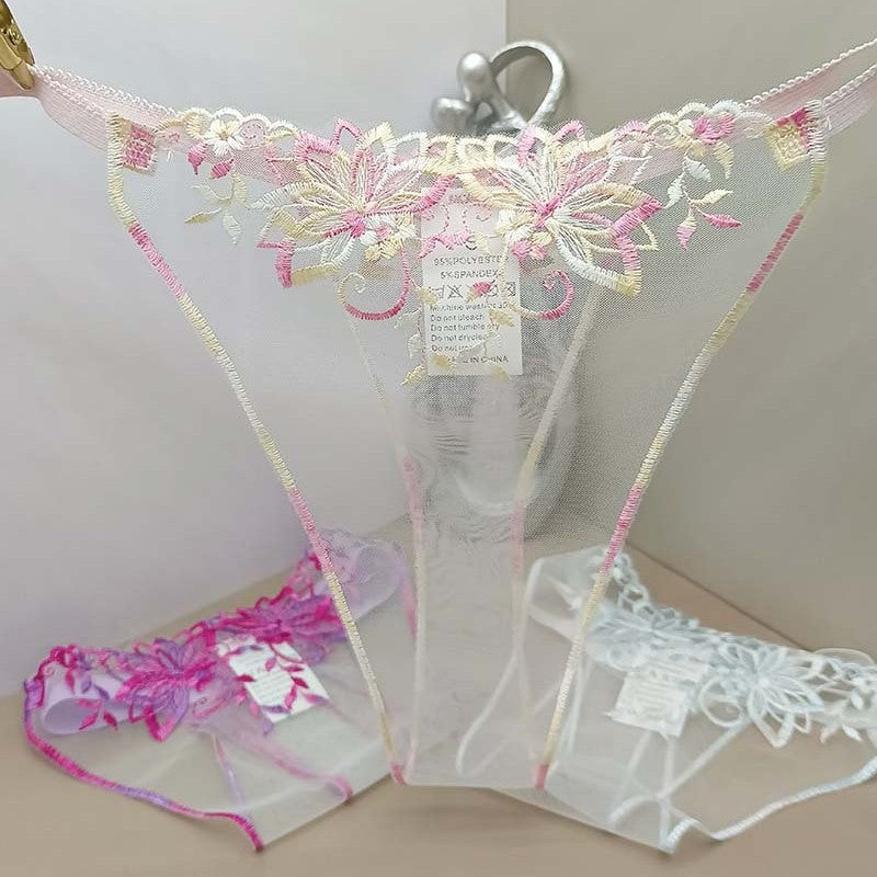 FREEDOMBEAUTY | Transparent mesh embroidery three-piece color matching light crotch-free sexy hollow sex thong three-piece cross-border