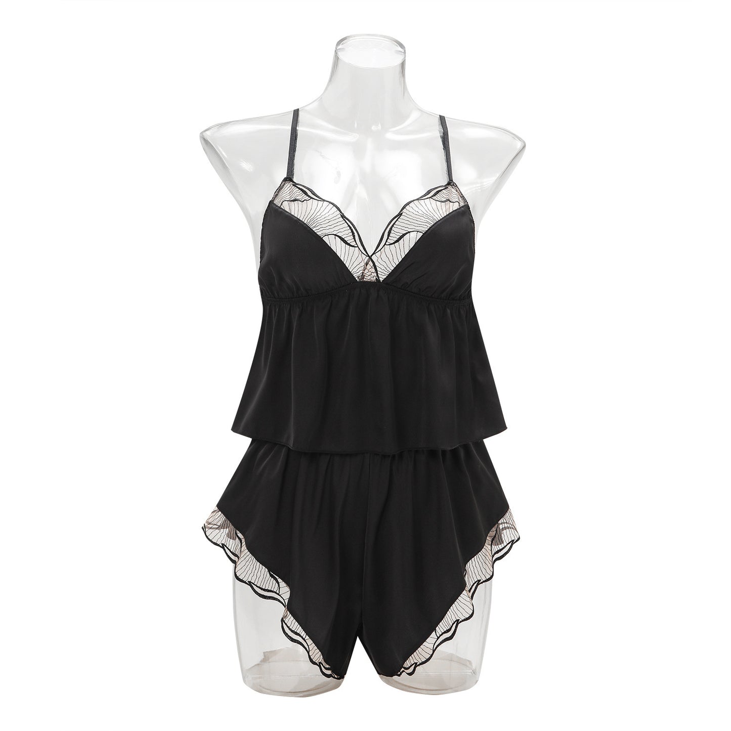 FREEDOMBEAUTY | Women's Loungewear Sexy Triangle Cup Suspender Pajama 2-piece Set Satin Lace Shorts Pajama Set