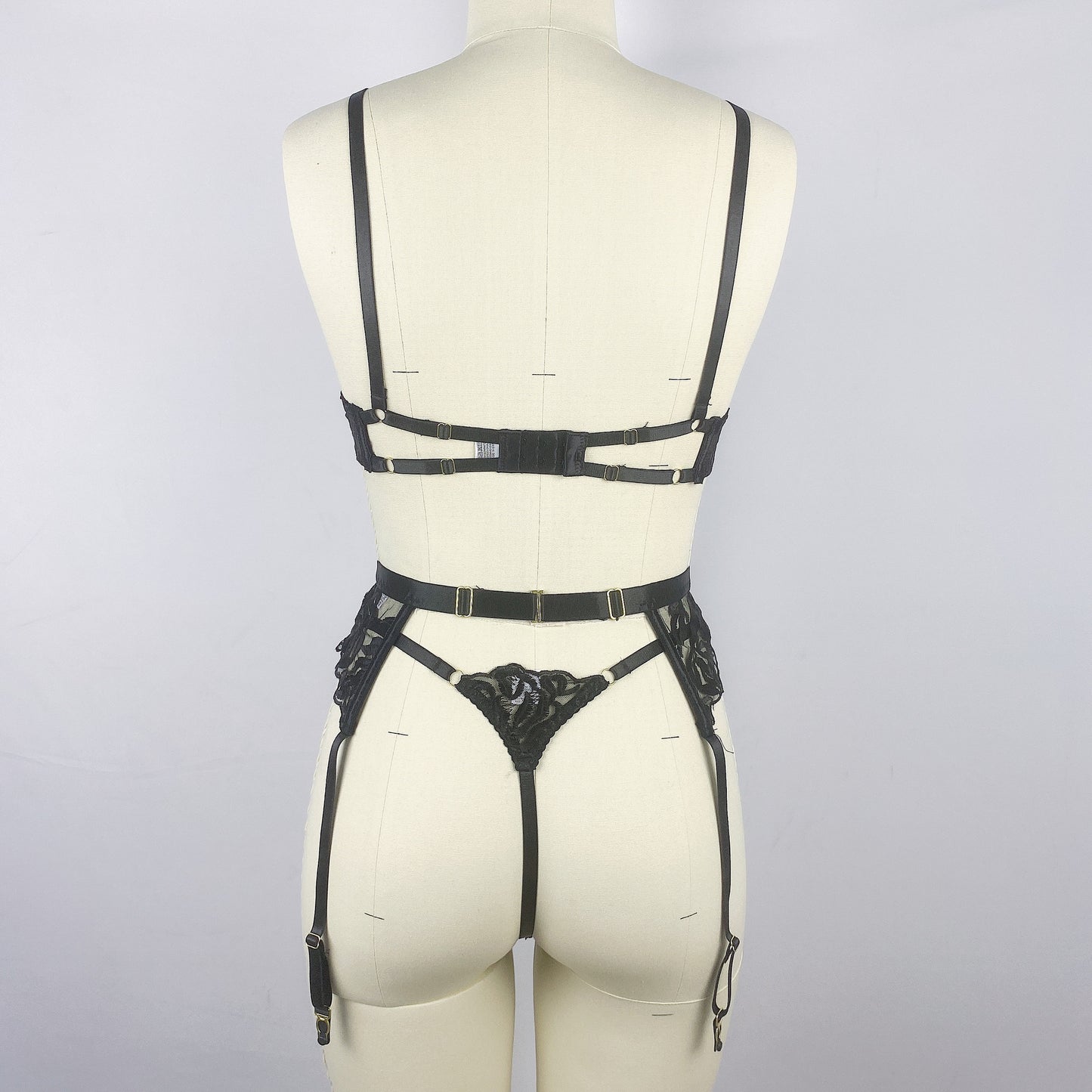 FREEDOMEBEAUTY | Black flower embroidery with steel ring bra thong women's sexy underwear three-piece set European and American cross-border new wholesale