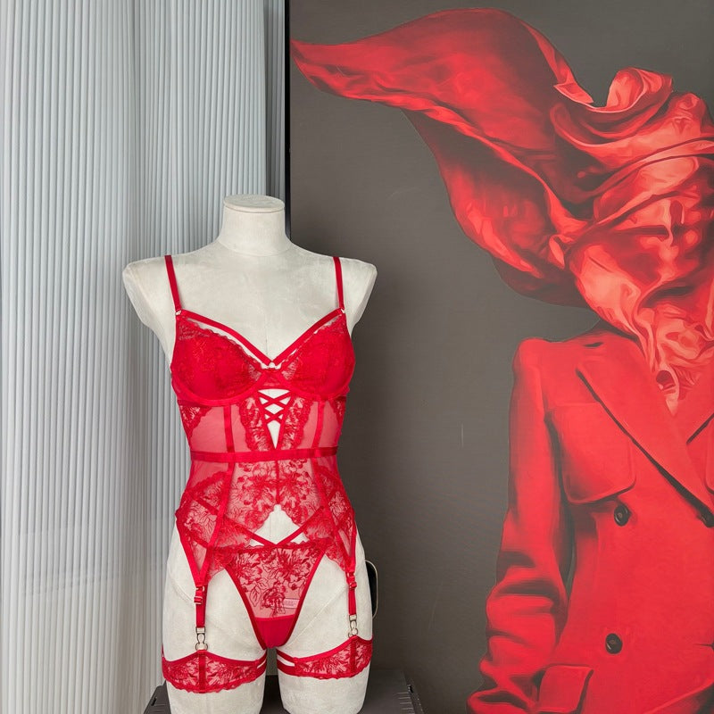 FREEDOMBEAUTY | FQ2873 Embroidery Sponge Tie Corset Garter Mesh Perspective Lingerie Seduction Black Christmas Red