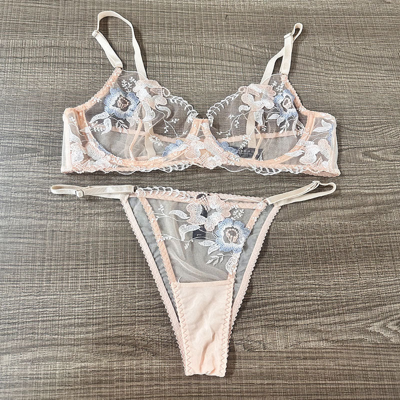 FREEDOMBEAUTY | French Underwear Mesh Embroidery Flower Sexy Lace Big Breast Small Rim Bra Bra Set Sexy Bra