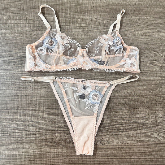FREEDOMBEAUTY | French Underwear Mesh Embroidery Flower Sexy Lace Big Breast Small Rim Bra Bra Set Sexy Bra