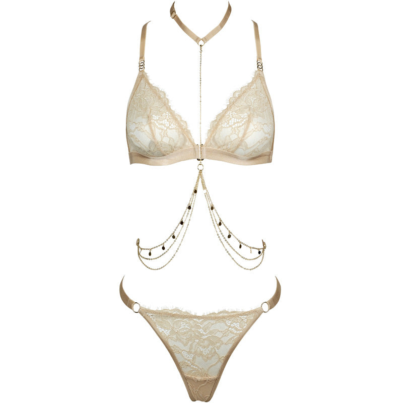 Freedombeauty | FQ2846 neck waist chain bronzing lace front buckle beautiful back without steel ring thin transparent triangle cup thong bra set