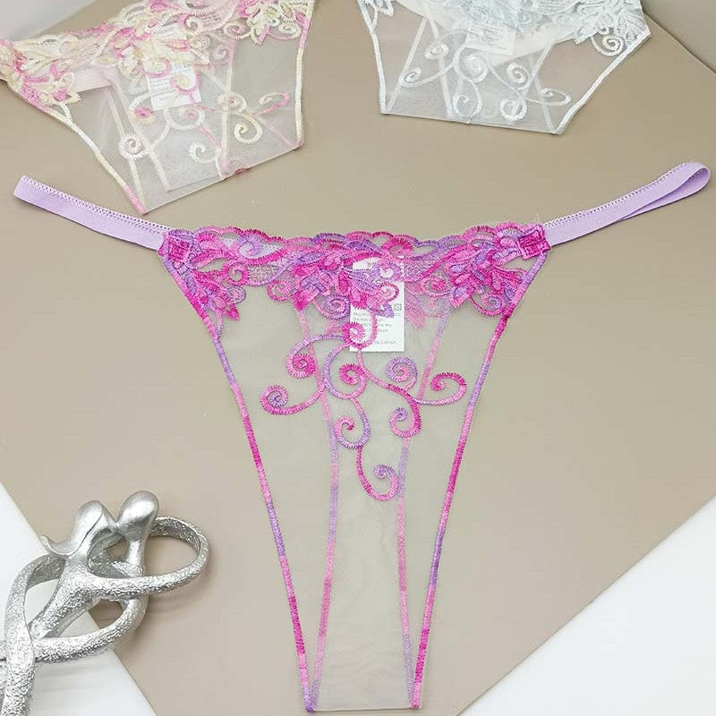 FREEDOMBEAUTY | Embroidery Sexy Transparent Women's Thong Perspective European and American Seduction Panties Cross-border Mesh Embroidery