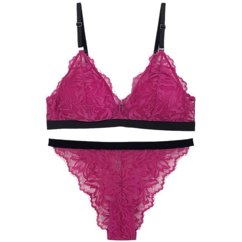 FREEDOMBEAUTY | Cross-border French underwear thin contrasting color triangle cup no steel ring bra big chest small sexy lace bra set