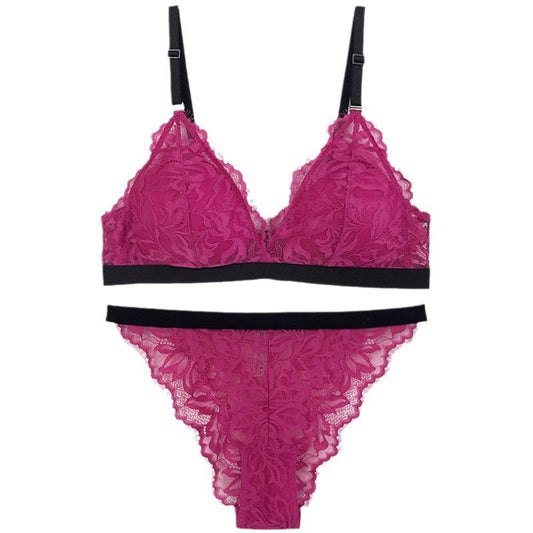 FREEDOMBEAUTY | Cross-border French underwear thin contrasting color triangle cup no steel ring bra big chest small sexy lace bra set