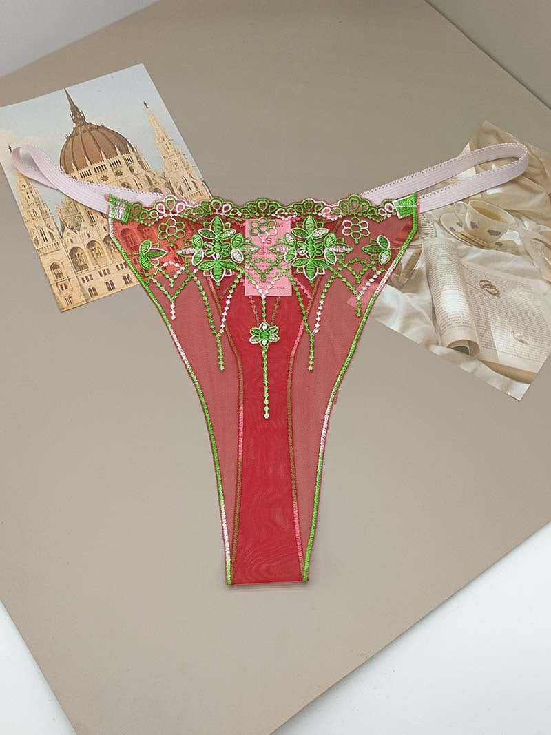 FREEDOMBEAUTY | Triple color green purple pink yellow transparent red mesh pattern embroidery sexy hollow women's sex thong cross-border