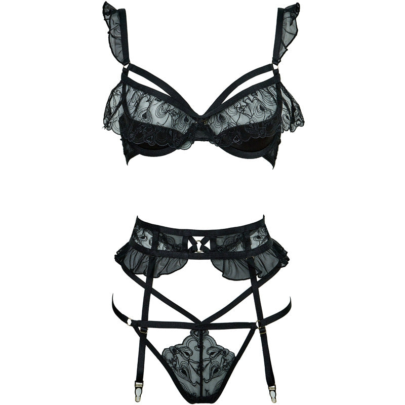 FREEDOMBEAUTY | FQ2863T221M212 Women's French Underwear 1/4 Cup Embroidered Lace Underwear Lift Up Breast Pure Black
