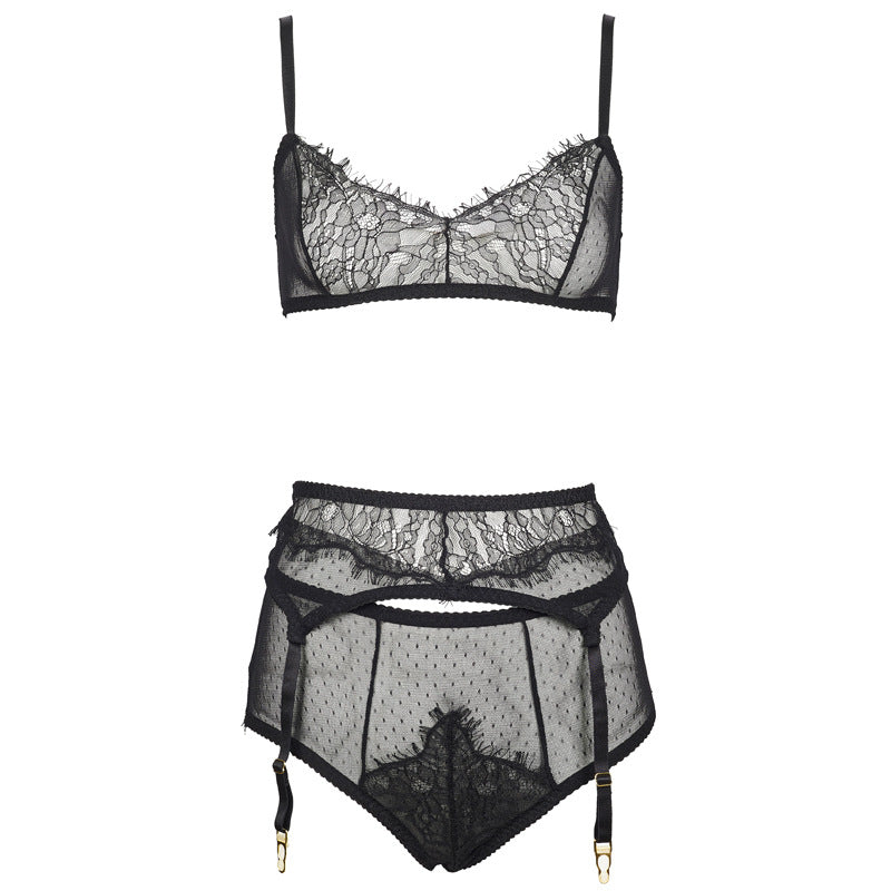 Freedombeauty | FQ2728M187 eyelash lace rimless ultra-thin polka dot mesh high-waisted underwear set