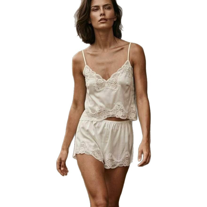 FREEDOMBEAUTY | Women's sexy pajamas short lace edge ice silk comfortable foreign trade European and American suspender vest shorts loungewear