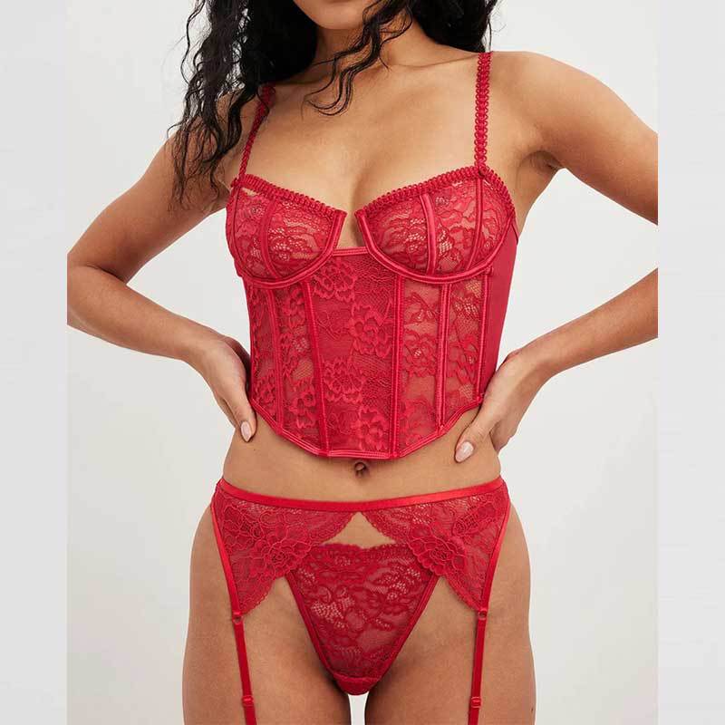 FREEDOMBEAUTY | Wear retro girl sexy fishbone underwear suspenders, thin gathering Valentine's Day lace sexy underwear 3 sets