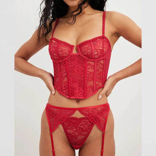 FREEDOMBEAUTY | Wear retro girl sexy fishbone underwear suspenders, thin gathering Valentine's Day lace sexy underwear 3 sets