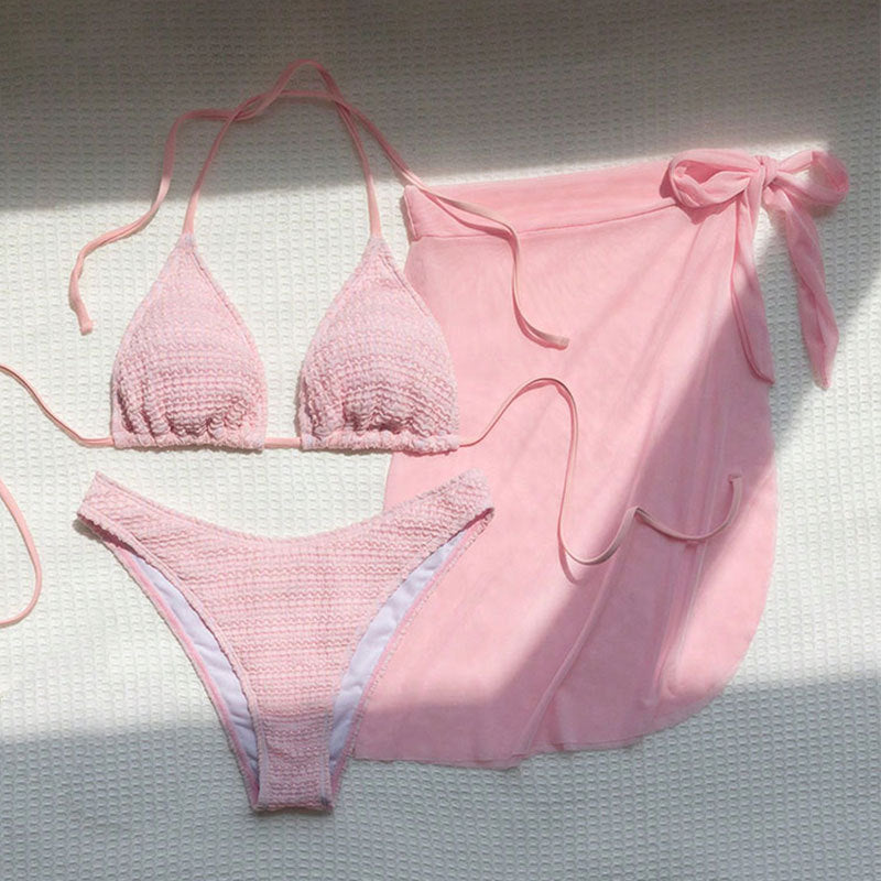 FREEDOMBEAUTY | 2025 New European and American solid color mesh three-piece swimsuit strap-up sexy beach bikini swimsuit women's summer wholesale