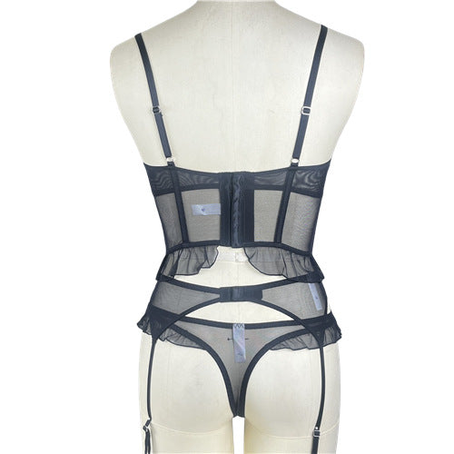FREEDOMBEAUTY | New ultra-thin underwear French pure desire hollow lace embroidered fishbone garment garter sexy mesh bra set