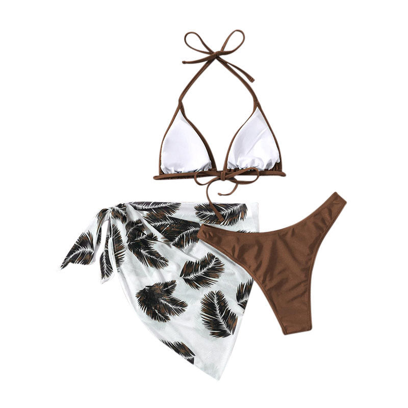 FREEDOMBEAUTY | 2025 new neck strap mesh skirt swimsuit women's, European and American three-piece beach bikini swimsuit