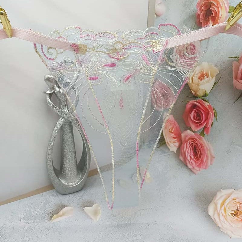 FREEDOMBEAUTY | Transparent mesh embroidery sexy perspective light women's sexy thong three-color optional pattern embroidery cross-border