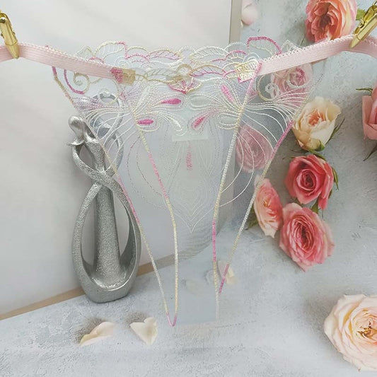 FREEDOMBEAUTY | Transparent mesh embroidery sexy perspective light women's sexy thong three-color optional pattern embroidery cross-border