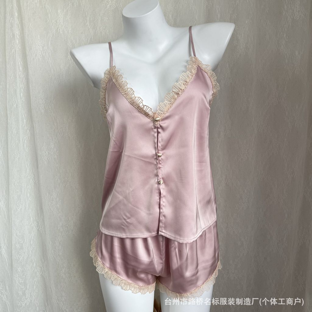 FREEDOMBEAUTY7087 Shell Embroidered Delicate Satin Sex Pajamas Pajamas Two-piece set, excluding removable chest pads