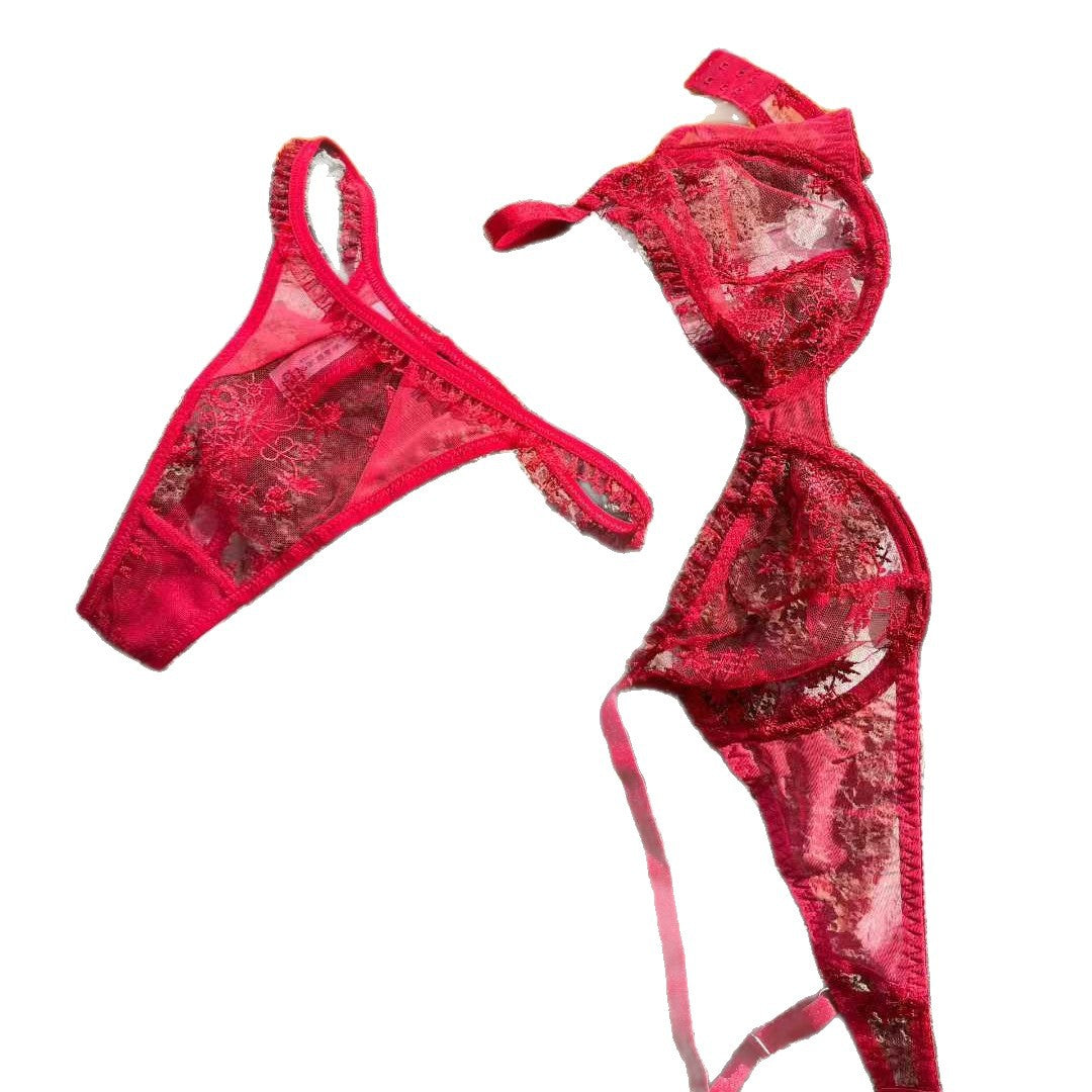 FREEDOMBEAUTY | Foreign trade sexy underwear ultra-thin lace embroidery sex bra anti-sagging large chest small gathering bra set