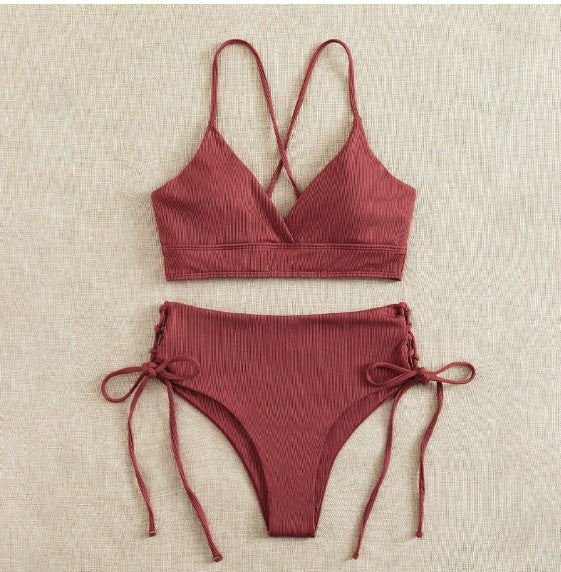 FREEDOMBEAUTY | 2025 new independent station European and American lace-up bikini split swimsuit women's senior bikini sexy swimsuit