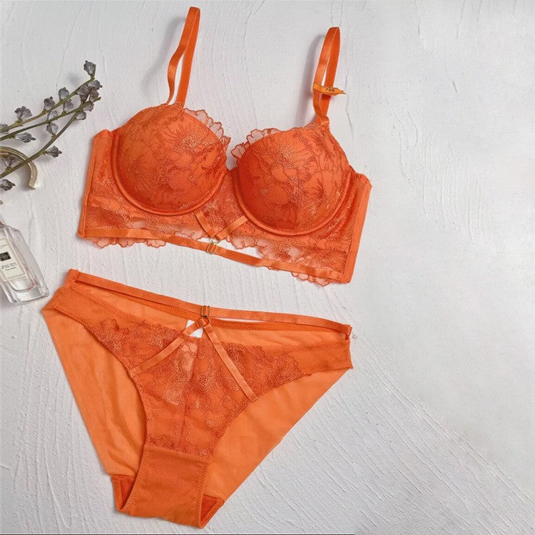 FREEDOMBEAUTY | French Sexy Lace Underwear Strap Hollow Embroidery Gathering Bra Close Breast Adjustment Top Bras Set