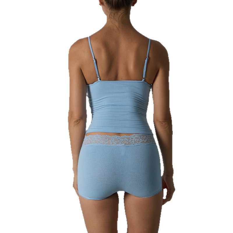FREEDOMBEAUTY Cotton Ammonia Home Comfort Set Lace Suspender Shorts Set Chest Pad Free Top Vest Lace Lace Shorts Women