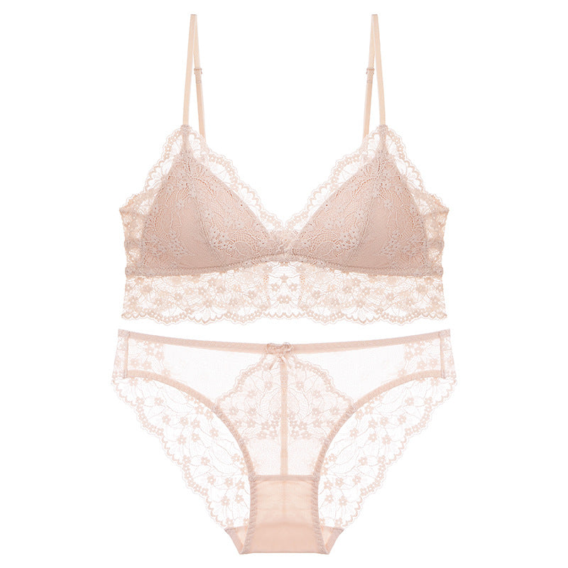 FREEDOMBEAUTY | Summer Sexy Lace Underwear Women's French Thin Thin Shoulder Strap Underwear Triangle Cup Steel Rim Free Bra Set