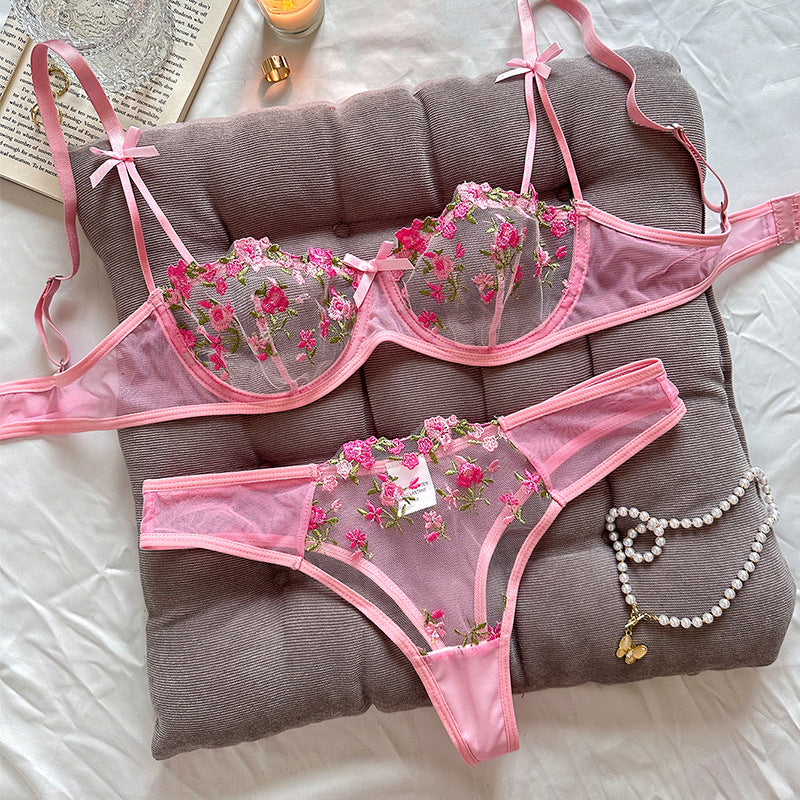 FREEDOMBEAUTY | Y French underwear feminine ink painting embroidery butterfly lace bra set thin cotton cup big breasts show small bra