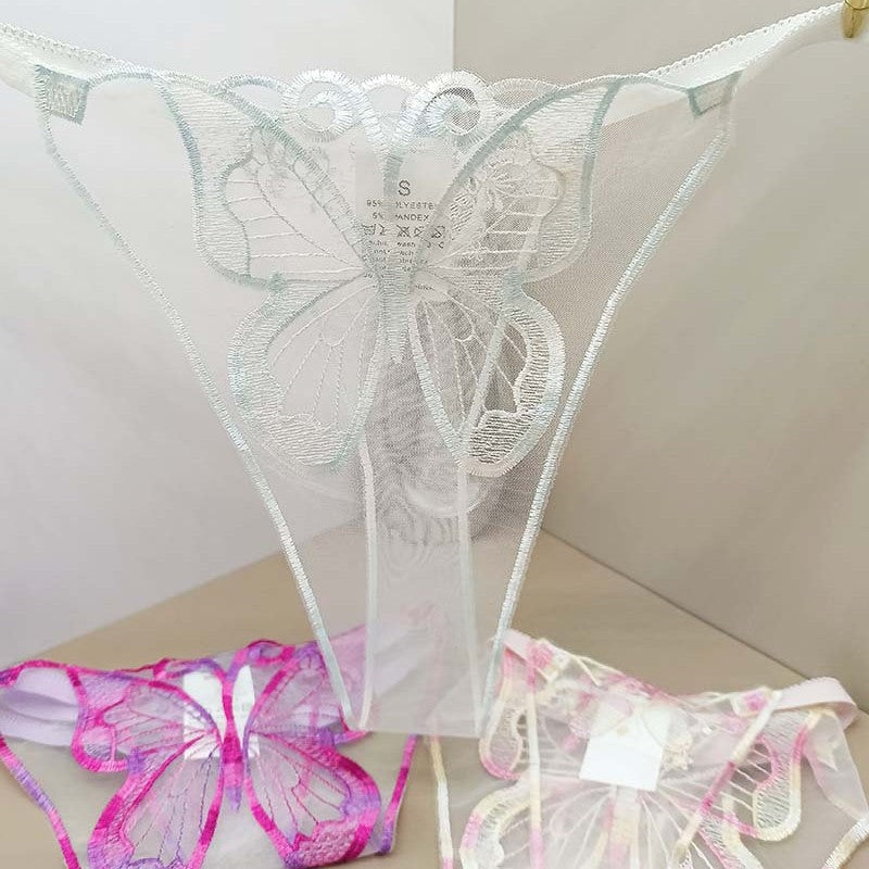 FREEDOMBEAUTY | New women's sexy perspective lace temptation three-piece mesh embroidery butterfly embroidery sex thong cross-border